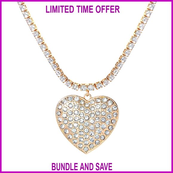 Gold-Tone Tennis Necklace with Heart Pendant 15